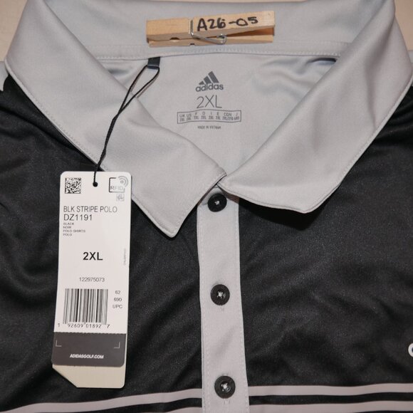 Adidas Climalite Golf Polo Shirt Men's Size 2XL UPF 50+ Black Gray Striped NWT - Picture 2 of 4